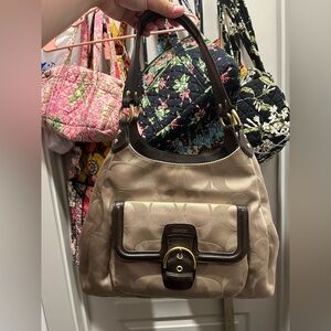 Vintage Coach Beige Signature Shoulder Bag with Dark Brown Trim- hobo bag